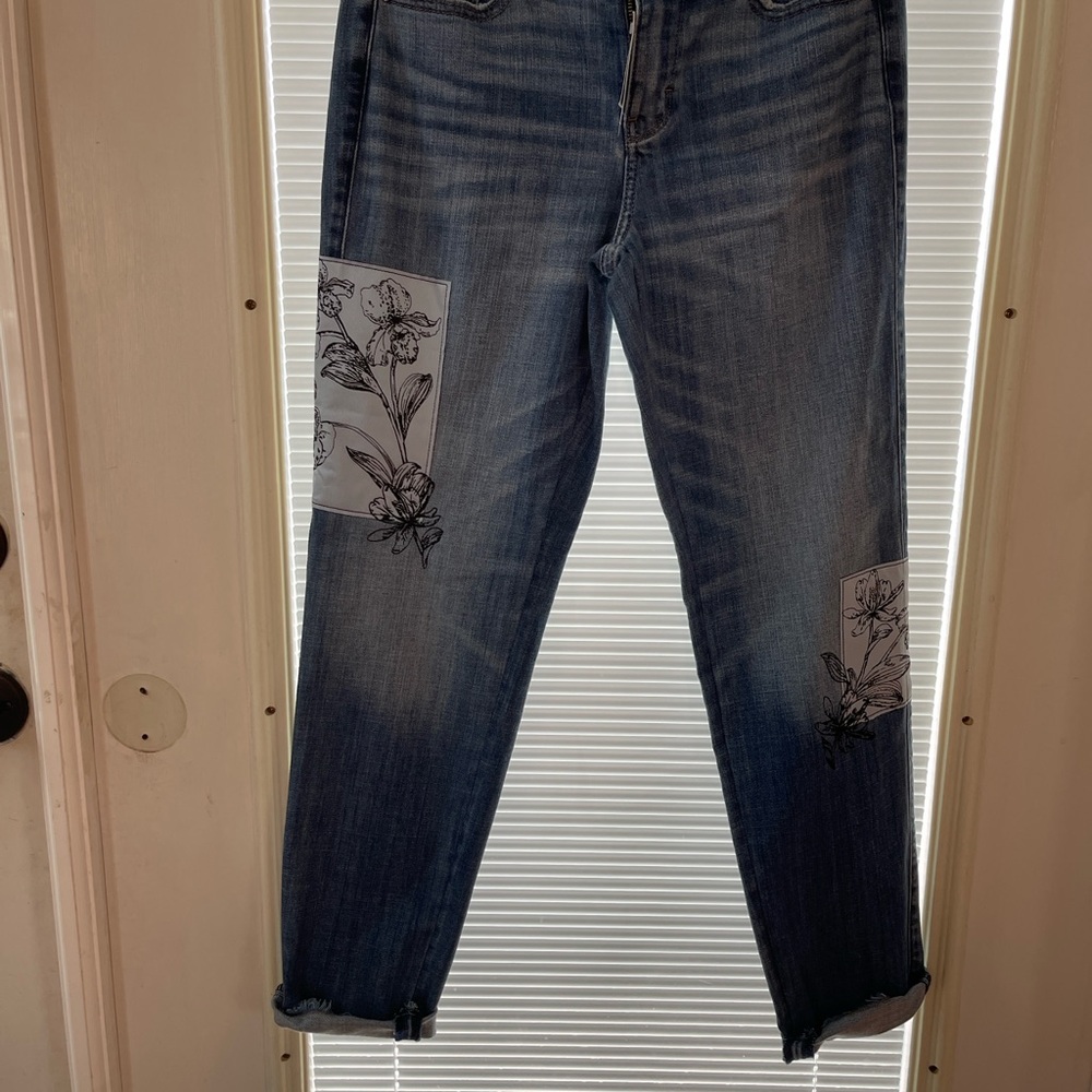 White House Black Market Blue Straight Leg Jeans with Floral Embroidery